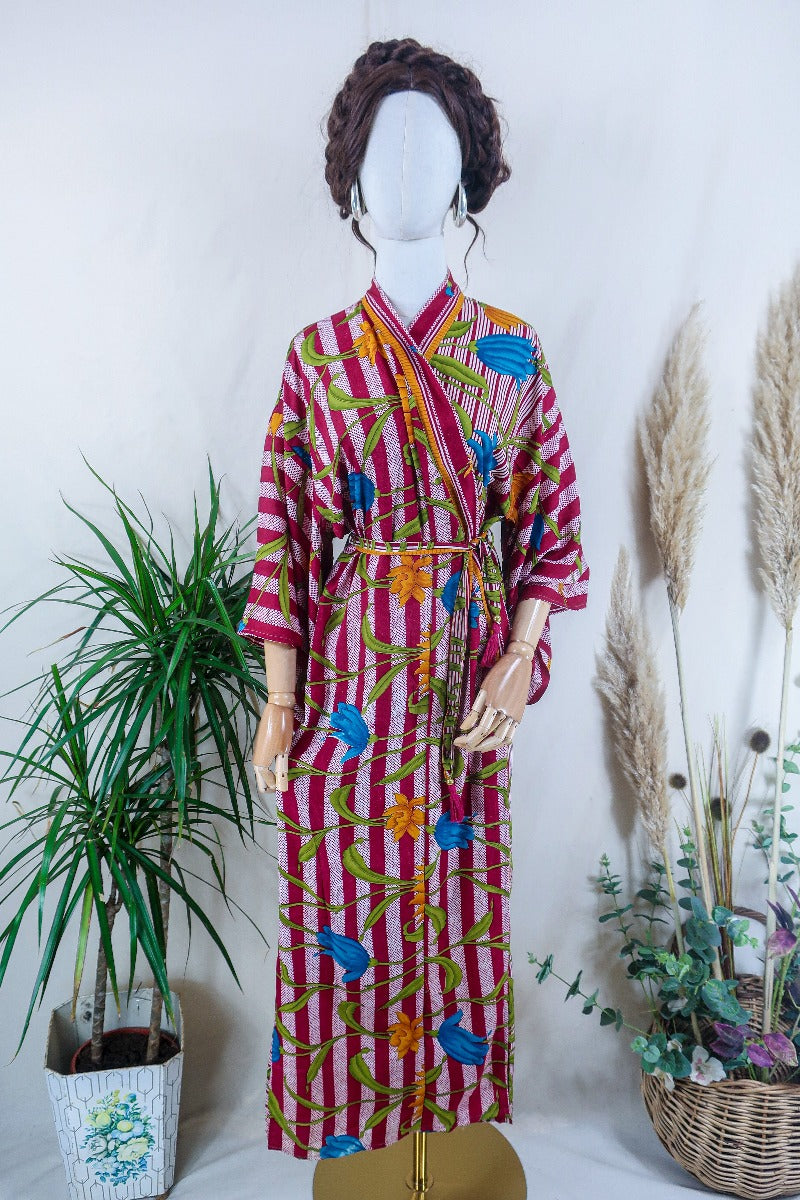 Lotus Kimono Dress - Sunset Purple Tulip Stripes - Vintage Sari - Free Size By All About Audrey 