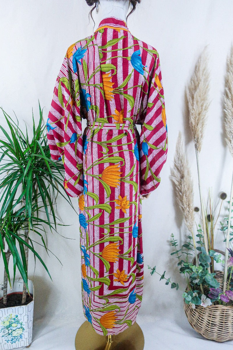 Lotus Kimono Dress - Sunset Purple Tulip Stripes - Vintage Sari - Free Size By All About Audrey