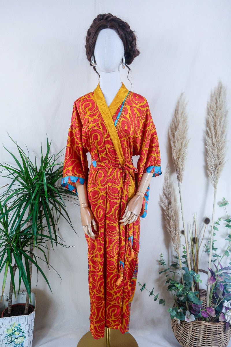 Juliet Kimono Dress - Mustard and Saffron Abstract Motif - Vintage Indian Sari - Free Size By All About Audrey