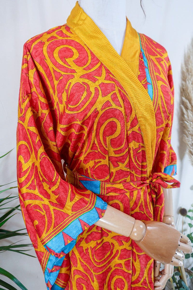 Juliet Kimono Dress - Mustard and Saffron Abstract Motif - Vintage Indian Sari - Free Size By All About Audrey