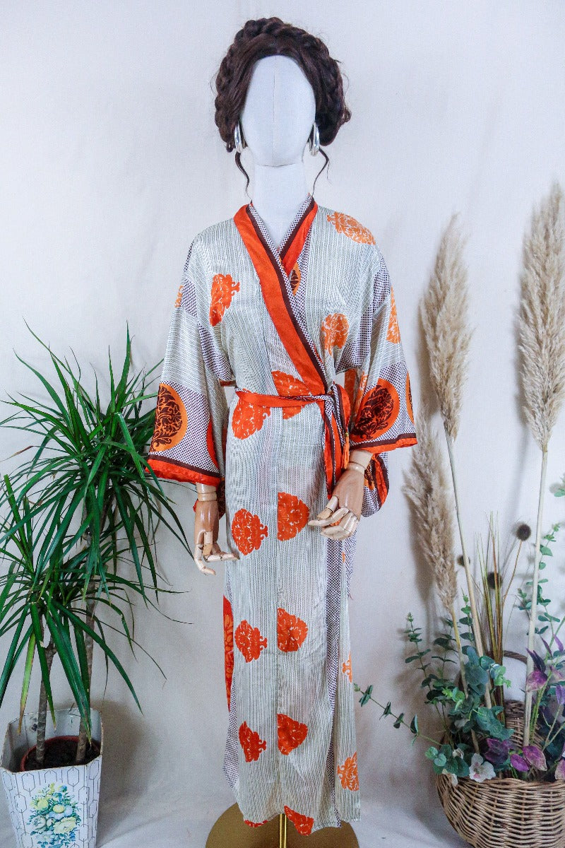 Lotus Kimono Dress - Sandy Gold & Tiger Orange Glitter - Vintage Sari - Free Size By All About Audrey