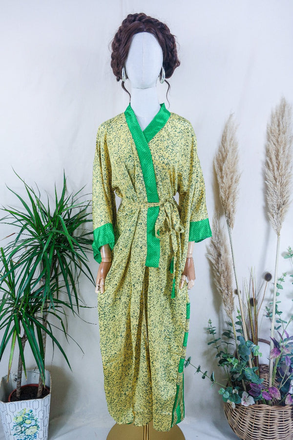 Juliet Kimono Dress - Lemon & Pear Meringue Stipple  - Vintage Indian Sari - Free Size By All About Audrey