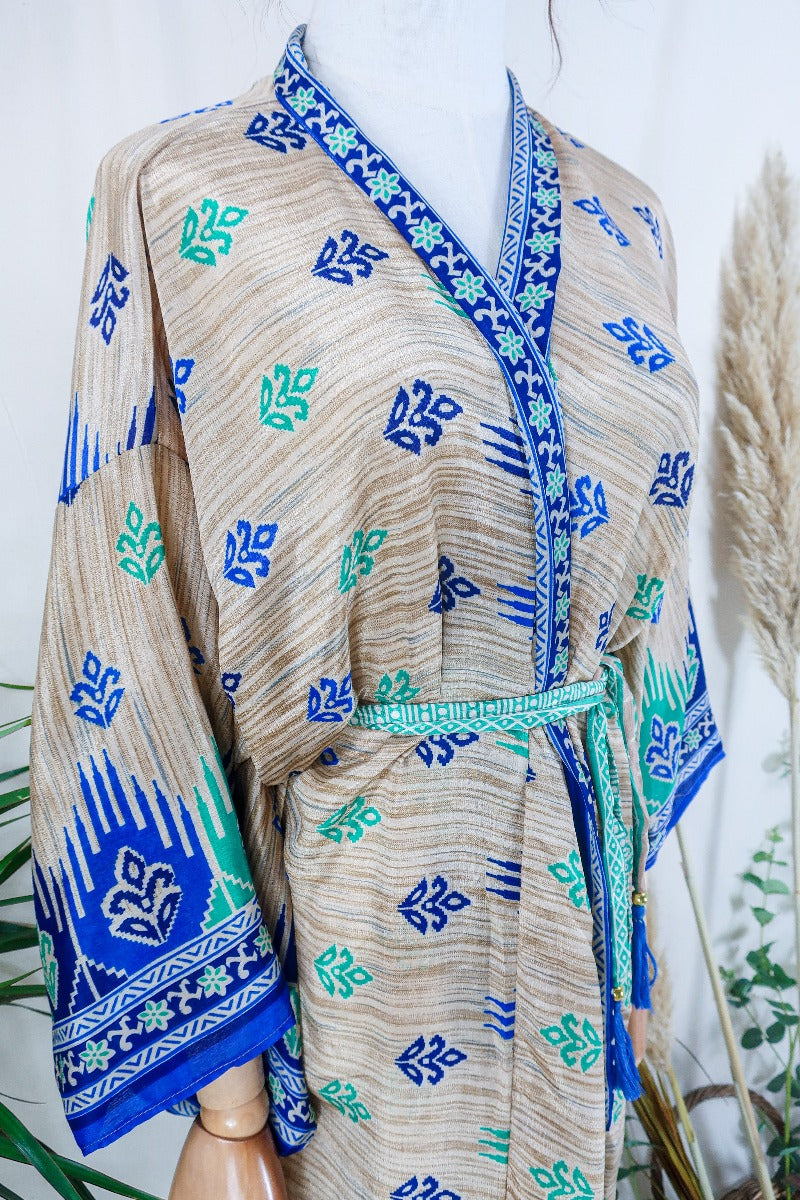 Lotus Kimono Dress - Fawn with Blue & Green Crests - Vintage Sari - Free Size by all about audrey