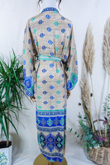 Lotus Kimono Dress - Fawn with Blue & Green Crests - Vintage Sari - Free Size by all about audrey