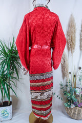 Lotus Kimono Dress - Mrs Claus Red Mistletoe Leaf Jacquard - Vintage Sari - Free Size By All About Audrey