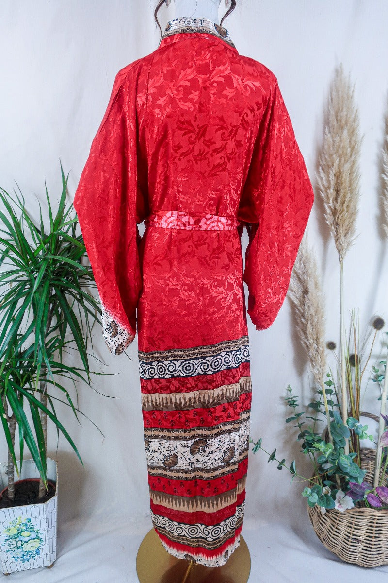 Lotus Kimono Dress - Mrs Claus Red Mistletoe Leaf Jacquard - Vintage Sari - Free Size By All About Audrey