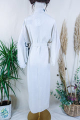 Lotus Kimono Dress - Salt White & Black Fleur De Lis Boarder - Vintage Sari - Free Size by all about audrey