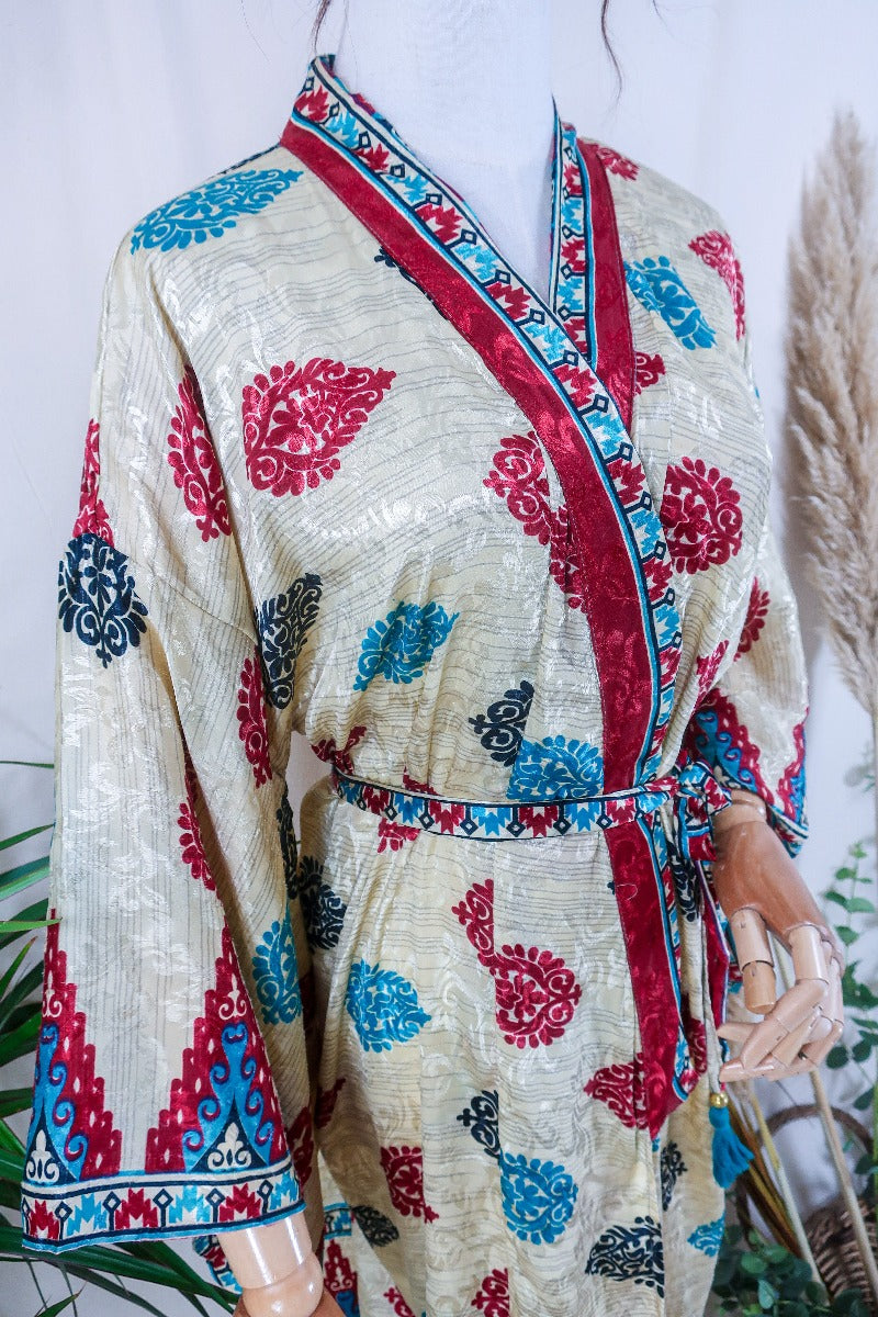 Lotus Kimono Dress - Ivory Jacquard Paisley - Vintage Sari - Free Size by all about audrey