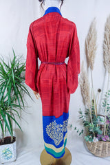 Juliet Kimono Dress - Maroon Tile & Flora Motif - Vintage Indian Sari - Free Size By All About Audrey