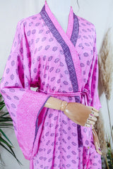 Juliet Kimono Dress - Carnation Pink & Mauve Flora - Vintage Indian Sari - Free Size By All About Audrey