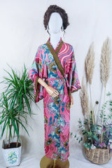 Lotus Kimono Dress - Cerise Pink Floral Mandalas - Vintage Sari - Free Size By All About Audrey
