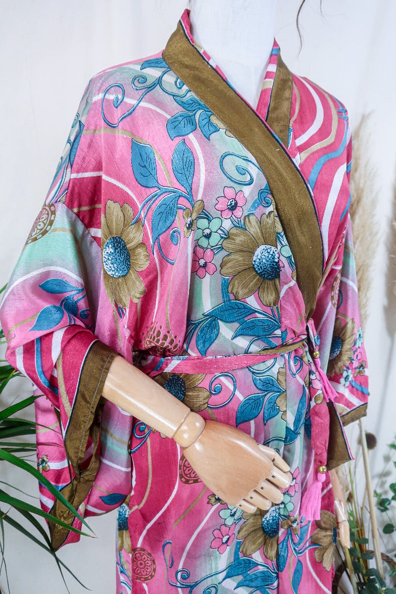Lotus Kimono Dress - Cerise Pink Floral Mandalas - Vintage Sari - Free Size By All About Audrey