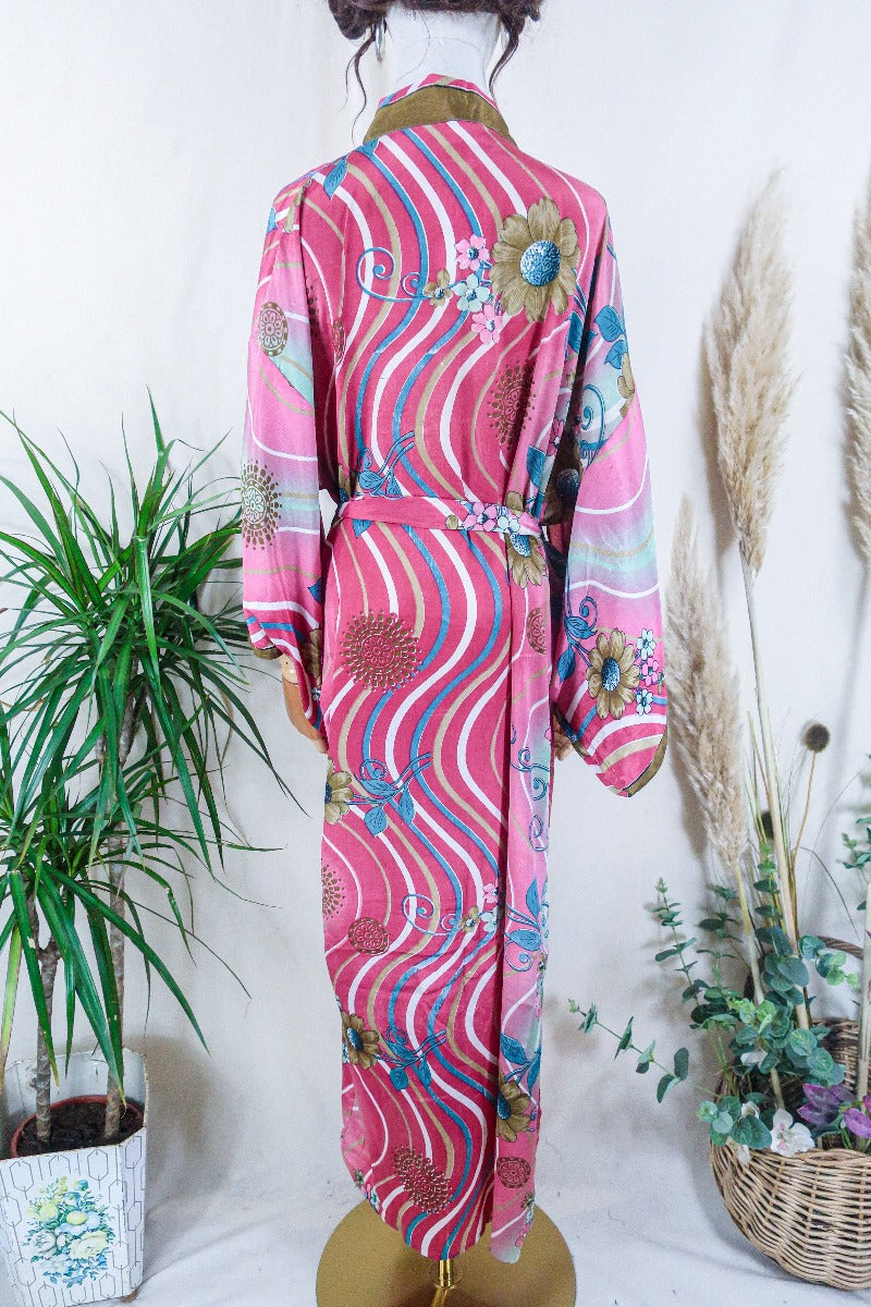 Lotus Kimono Dress - Cerise Pink Floral Mandalas - Vintage Sari - Free Size By All About Audrey