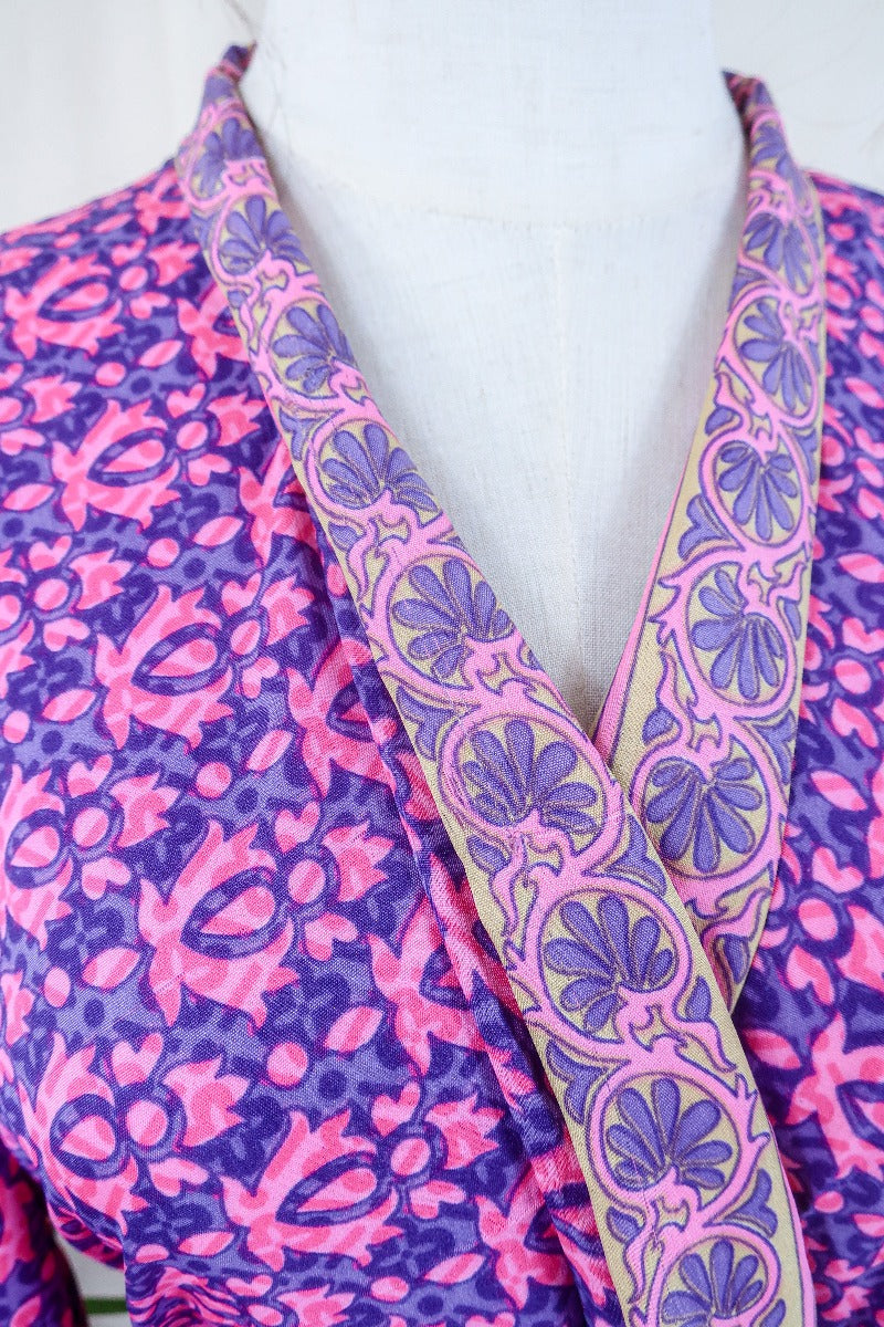 Juliet Kimono Dress - Lavender & French Rose Flora - Vintage Indian Sari - Free Size By All About Audrey