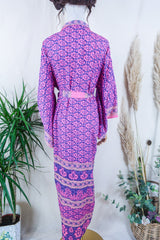 Juliet Kimono Dress - Lavender & French Rose Flora - Vintage Indian Sari - Free Size By All About Audrey