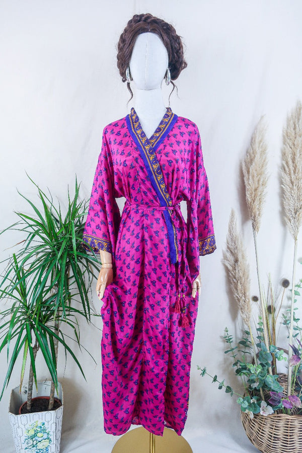 Juliet Kimono Dress - Violet & Fuchsia Shepard's Delight - Vintage Indian Sari - Free Size By All About Audrey