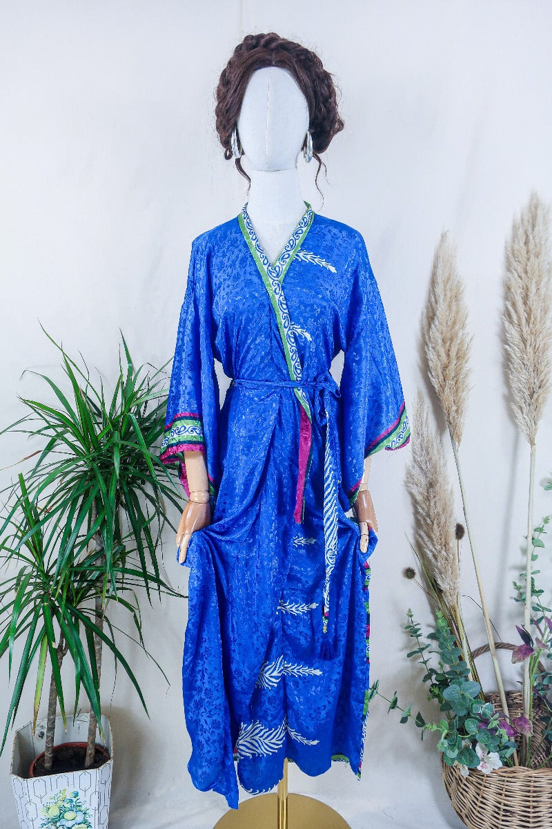 Juliet Kimono Dress - Deep Sea Blue Shimmer Jacquard - Vintage Indian Sari - Free Size By All About Audrey