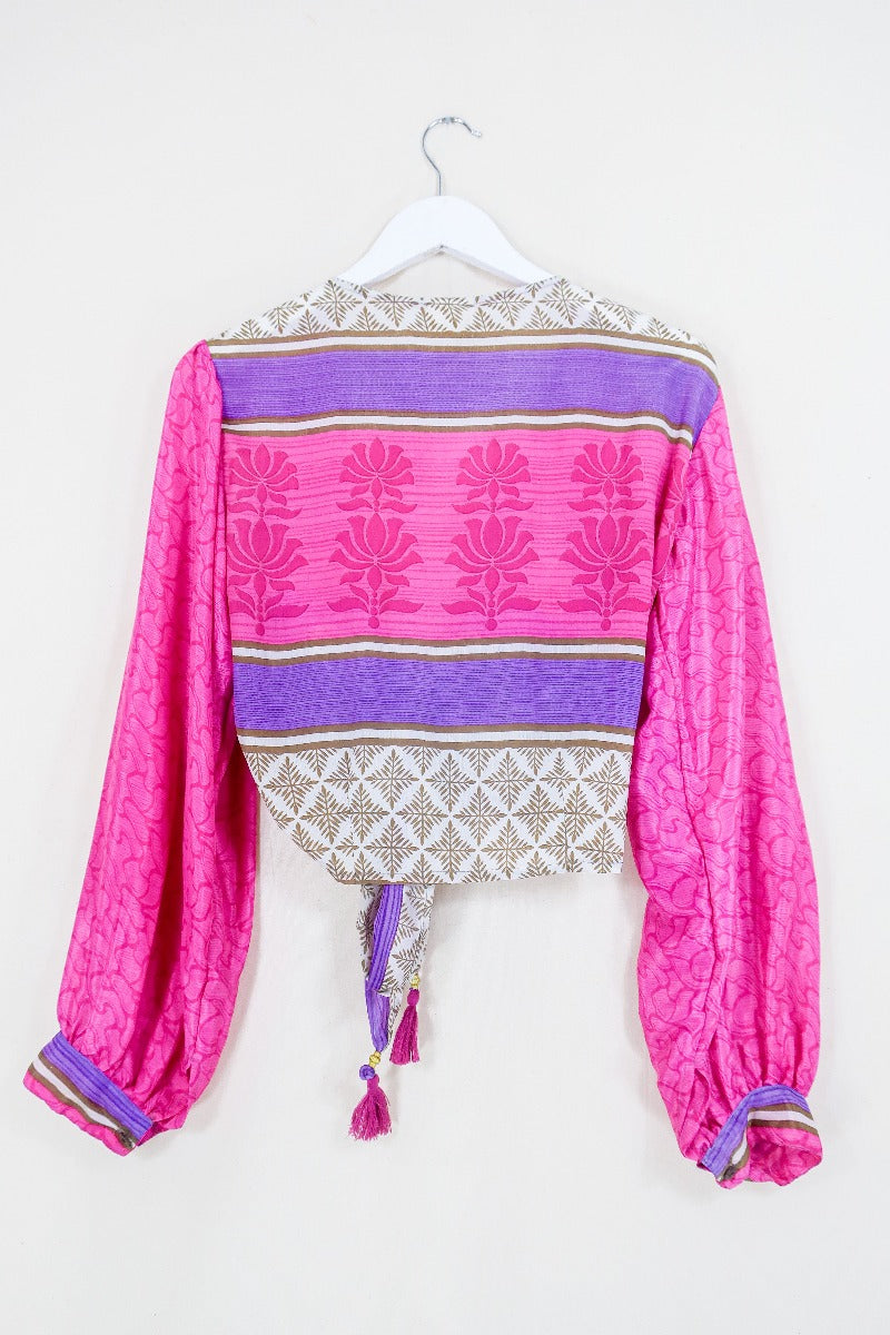 Lola Wrap Top - Candy Pink & Gold Tiles - Vintage Sari - Size M/L By All About Audrey