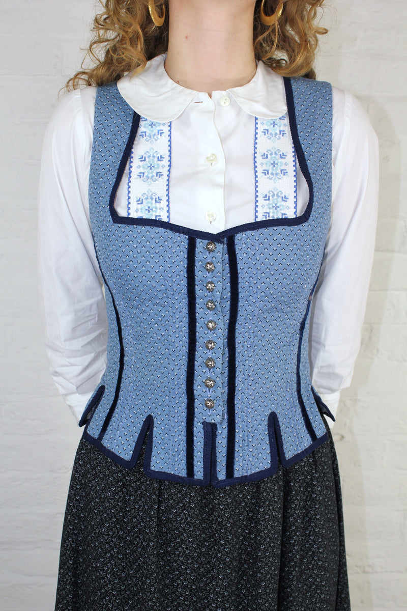 Vintage 70s Bavarian Style Shirt in White With Blue Cross Stitch Design - S
