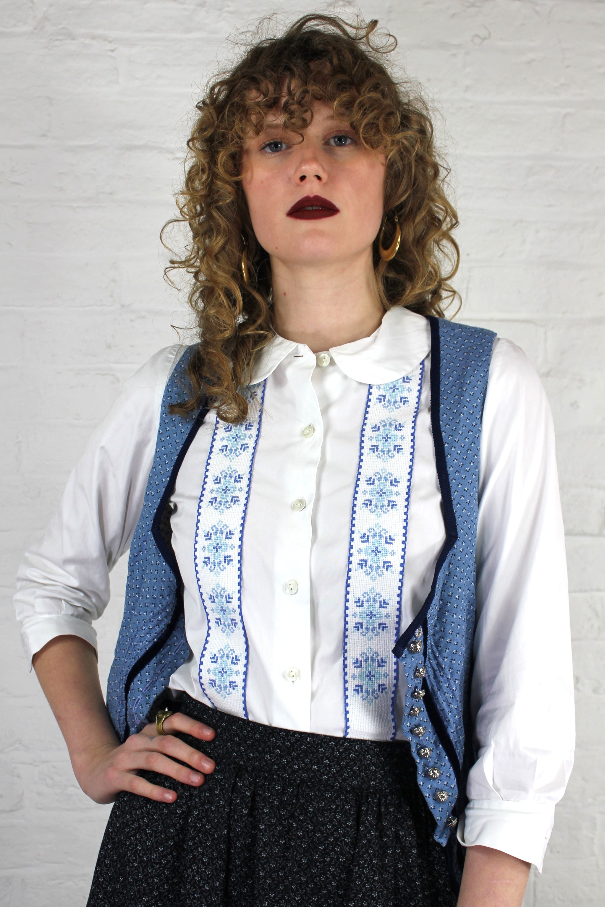 Vintage 70s Bavarian Style Shirt in White With Blue Cross Stitch Design - S