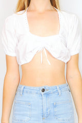 adjustable lacy white vintage hippy crop top with short sleeves photographed on size 6 model - All About Audrey