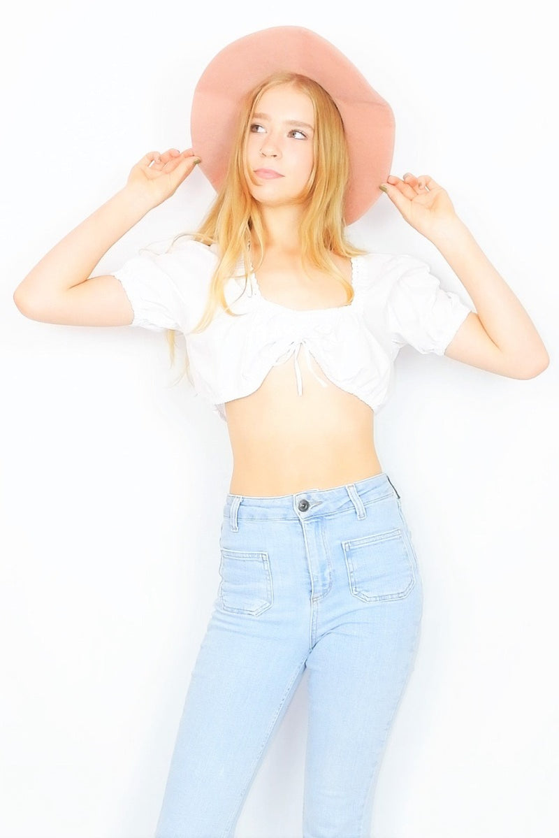 adjustable lacy white vintage hippy crop top with short sleeves photographed on size 6 model - All About Audrey