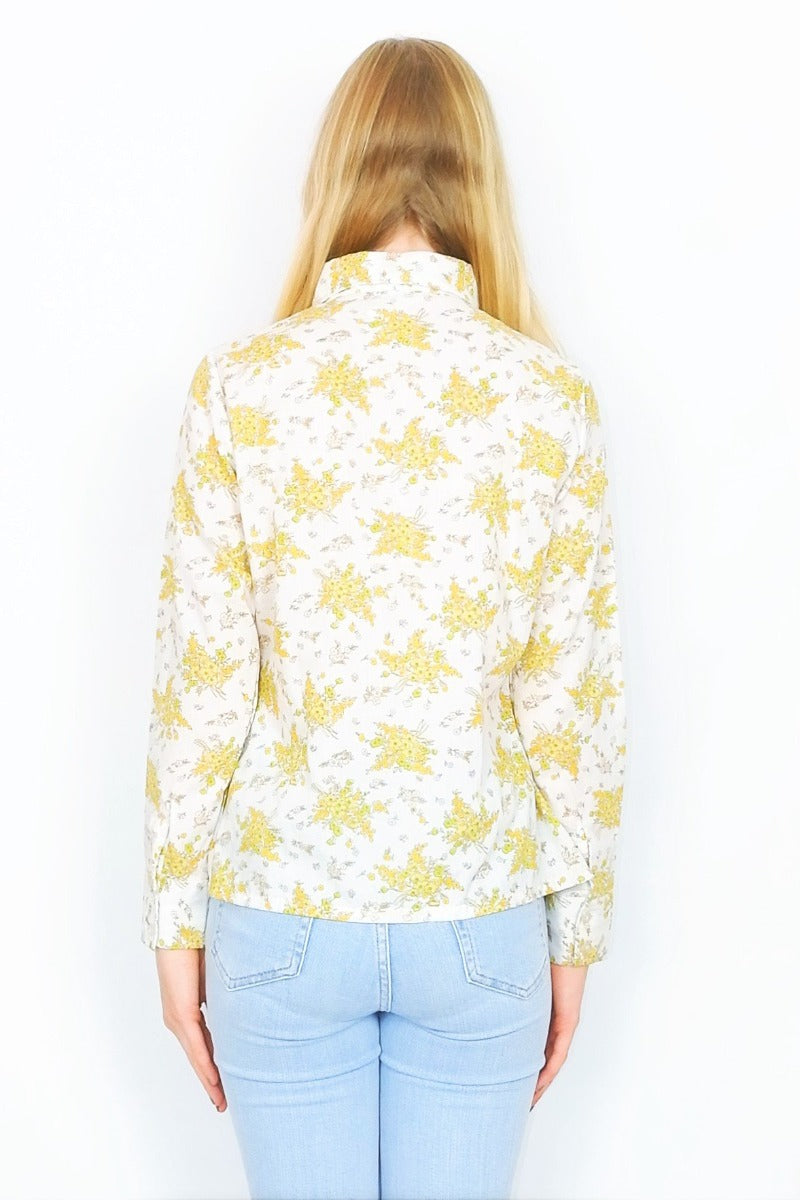vintage 70s boho long sleeve cotton shirt in off white with a yellow and green floral print - All About Audrey
