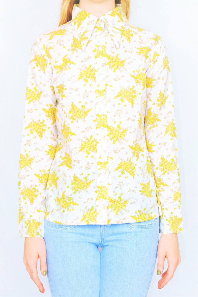 vintage 70s boho long sleeve cotton shirt in off white with a yellow and green floral print - All About Audrey