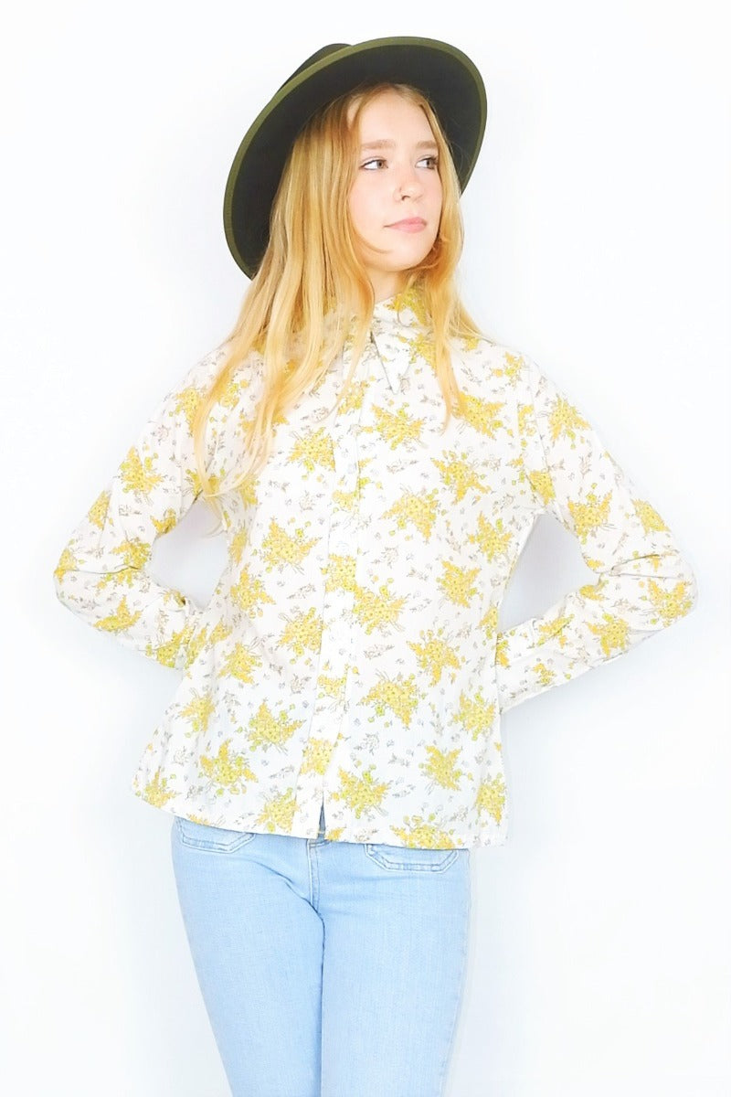 vintage 70s boho long sleeve cotton shirt in off white with a yellow and green floral print - All About Audrey