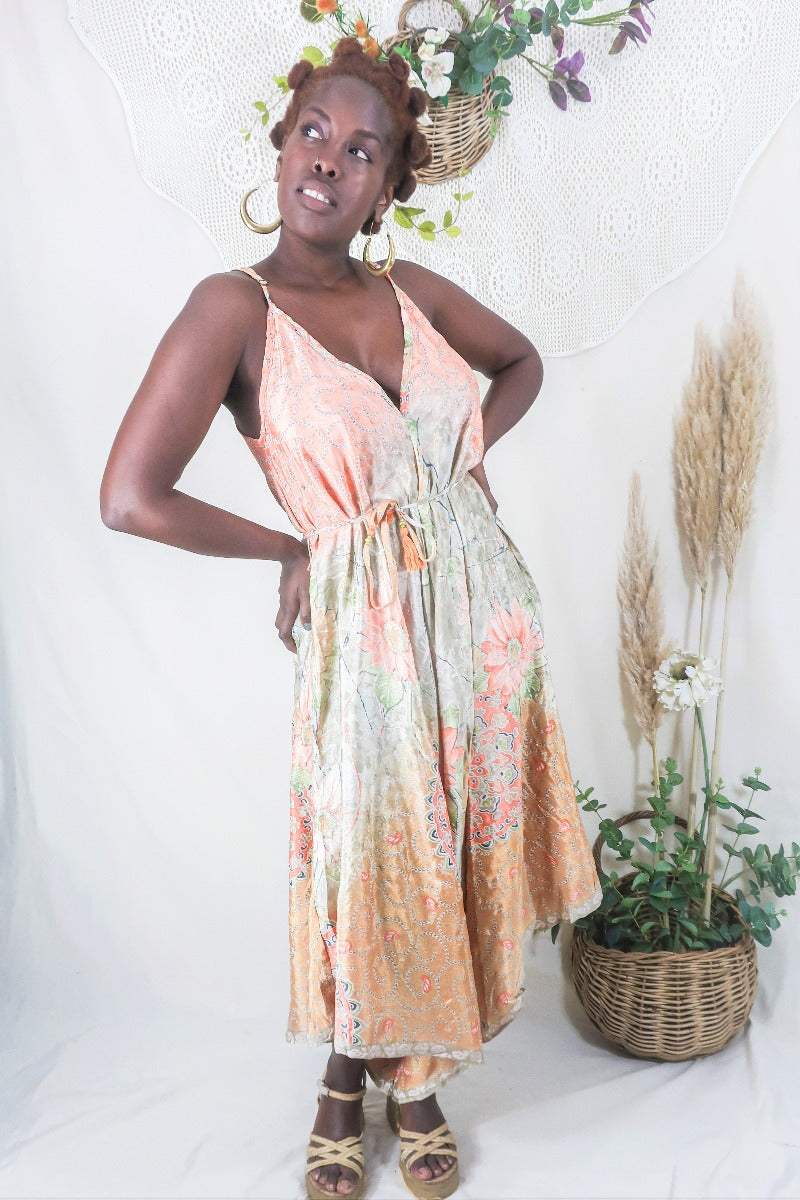 Winona Jumpsuit - Vintage Sari - Coral & Moss Wildflower Mandala - M/L By All About Audrey