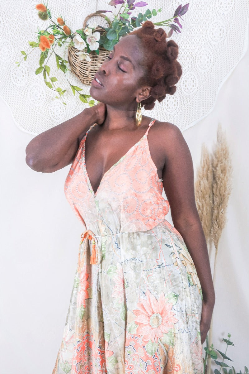 Winona Jumpsuit - Vintage Sari - Coral & Moss Wildflower Mandala - M/L By All About Audrey