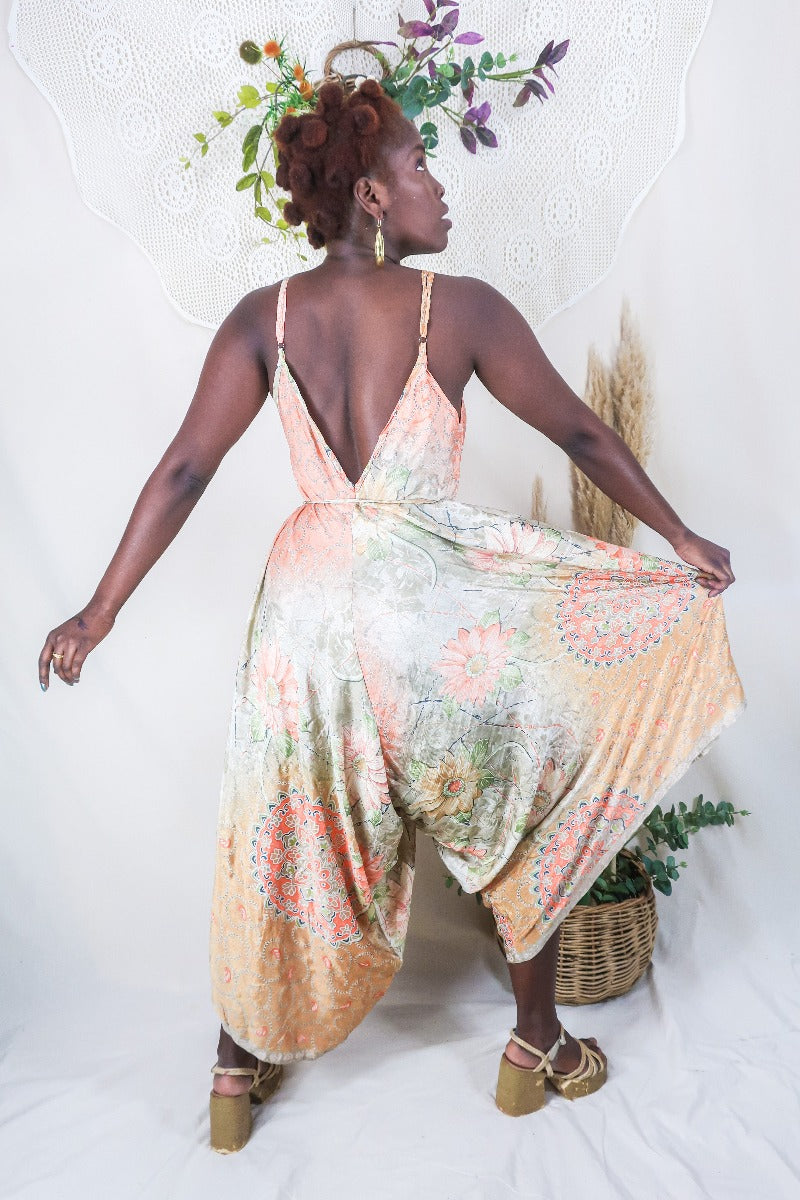 Winona Jumpsuit - Vintage Sari - Coral & Moss Wildflower Mandala - M/L By All About Audrey