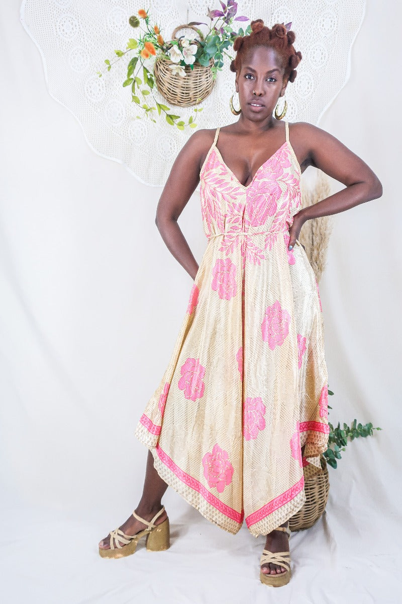 Winona Jumpsuit - Vintage Sari - Strawberry Pink & Cream Roses - S/M By All About Audrey