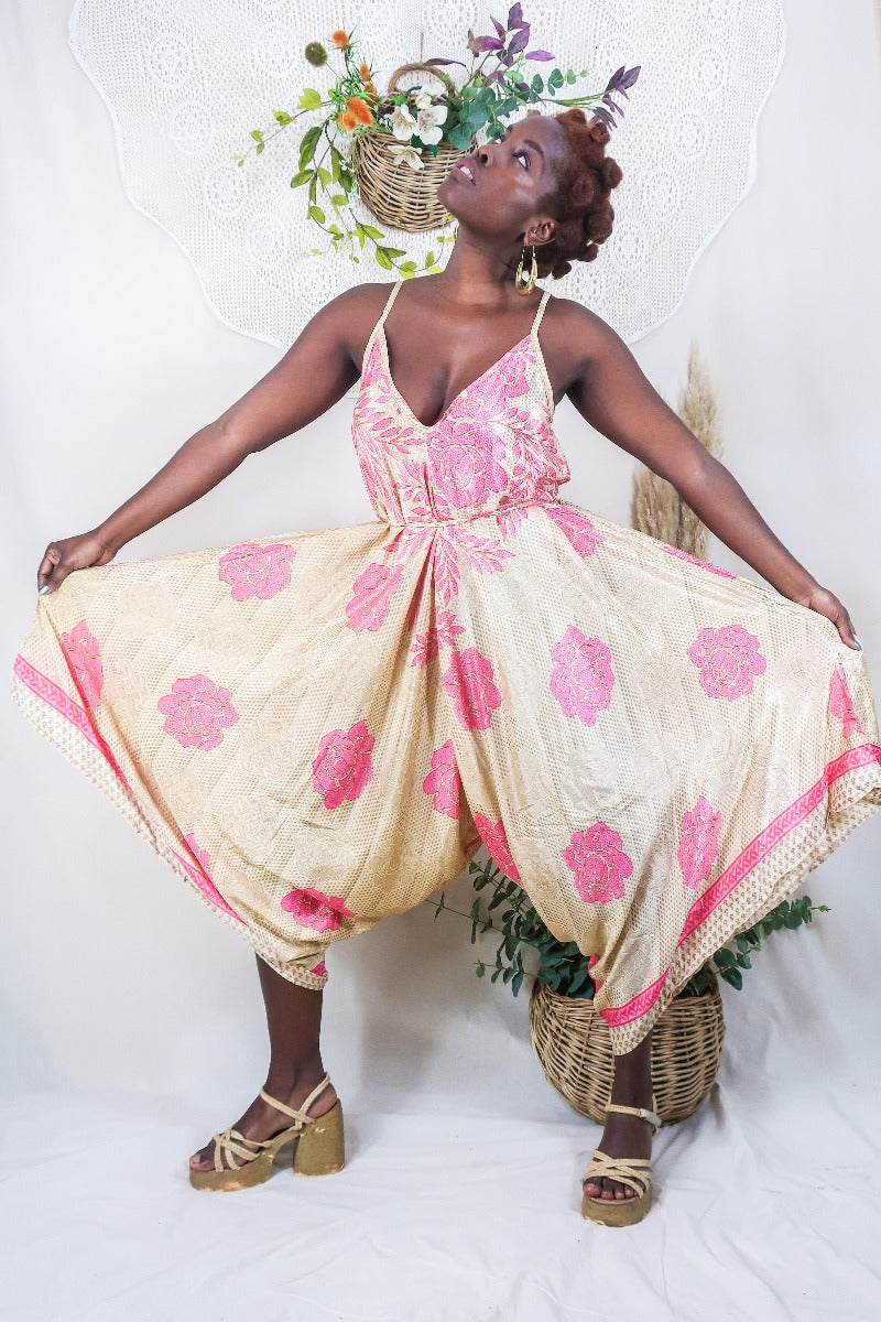 Winona Jumpsuit - Vintage Sari - Strawberry Pink & Cream Roses - S/M By All About Audrey