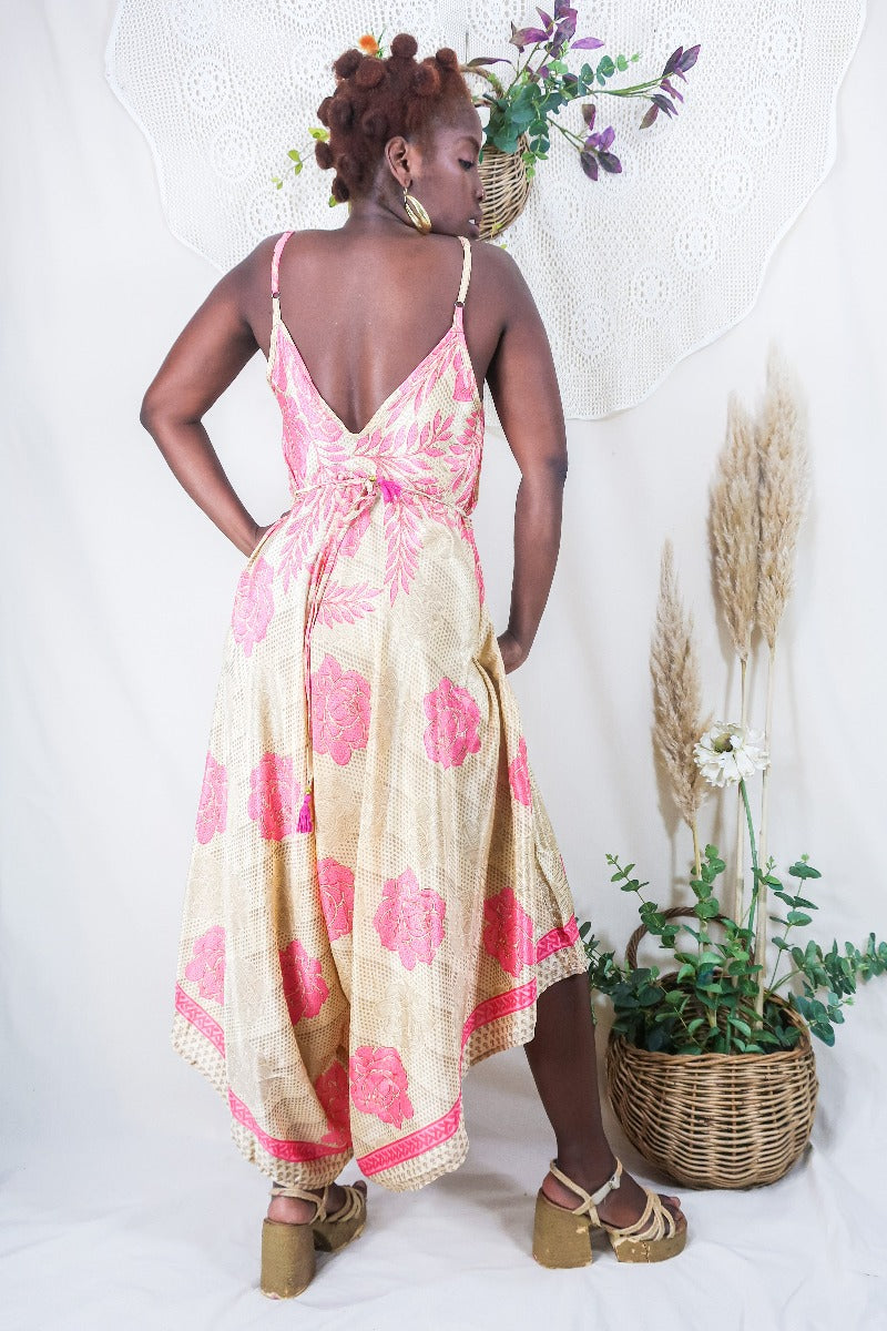 Winona Jumpsuit - Vintage Sari - Strawberry Pink & Cream Roses - S/M By All About Audrey