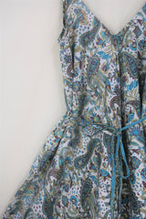 Winona Wide Leg Strappy Jumpsuit - Vintage Indian Sari - Porcelain, Turquoise & Mauve Floral Paisley - S/M By All About Audrey