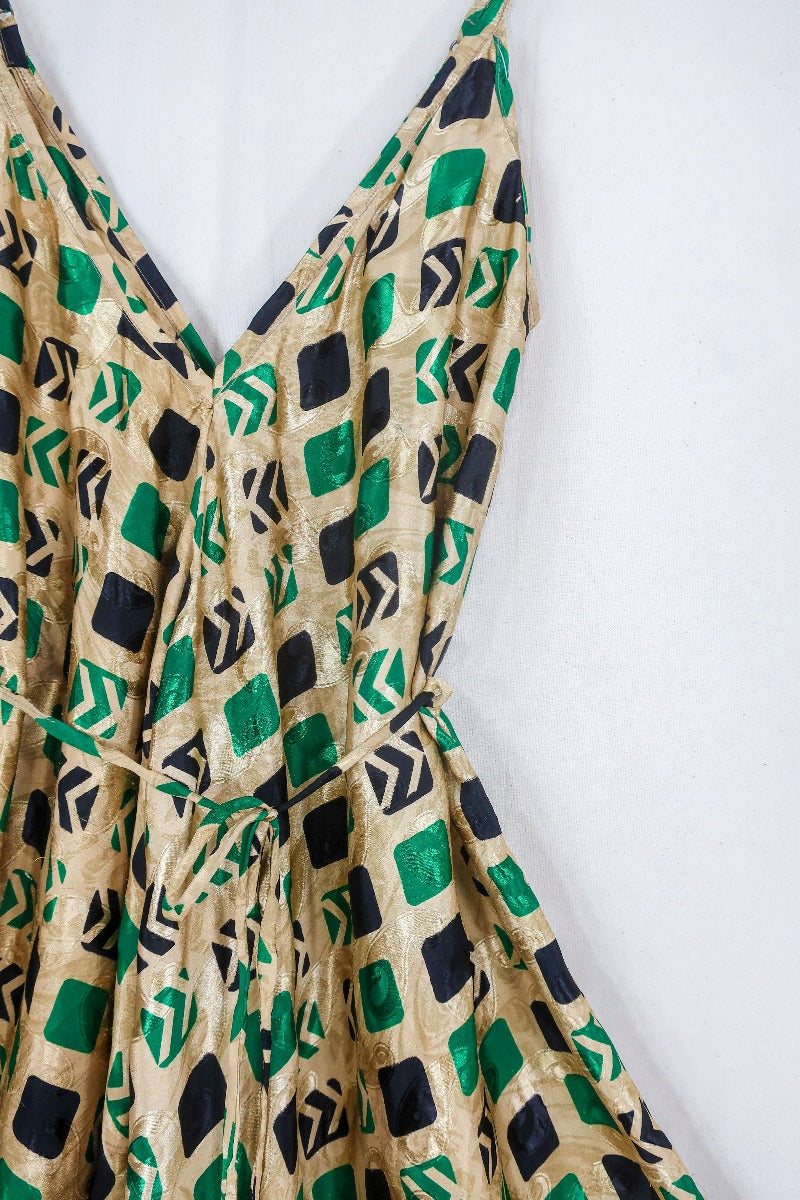 Winona Jumpsuit - Vintage Sari - Gold & Emerald Checkered Print - S/M by All About Audrey