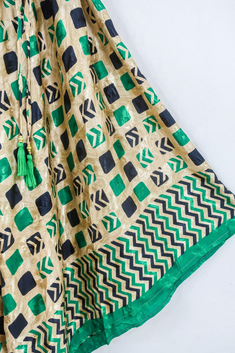 Winona Jumpsuit - Vintage Sari - Gold & Emerald Checkered Print - S/M by All About Audrey