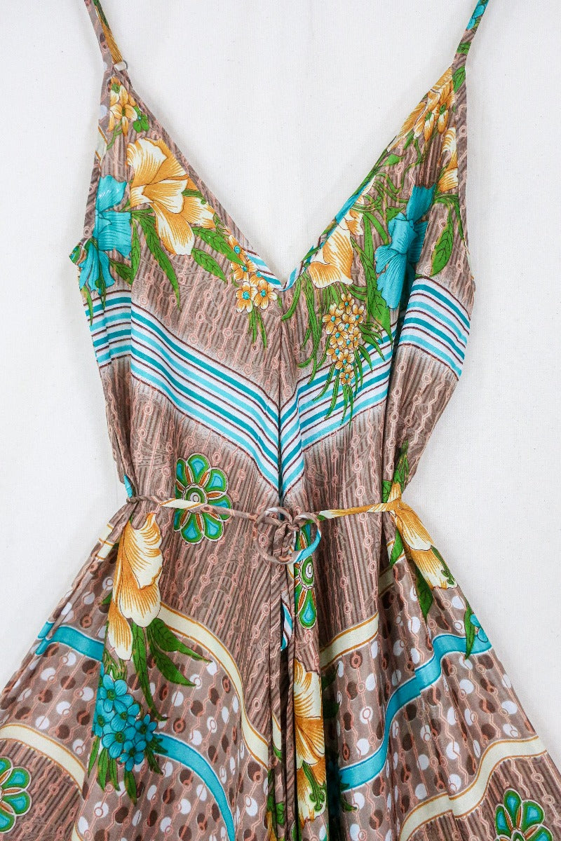 Winona Jumpsuit - Vintage Sari - Turquoise & Mocha Floral - S/M by All About Audrey