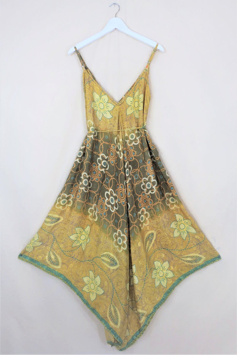 Winona Wide Leg Jumpsuit - Vintage Indian Sari - Sunshine, Taupe & Sky Shimmer Floral - M/L By All About Audrey