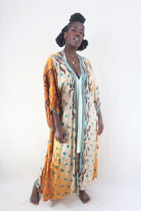 Aquaria Kimono Dress - Vintage Sari - Terracotta & Teal Diamonds - Free Size L By All About Audrey